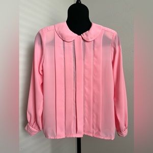 Vintage 80s Long Sleeve Pleated Round Collared Blouse Button Pink Size 8 Medium